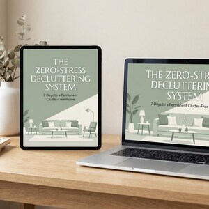Pode incluir: Um laptop e um tablet exibem o texto "The Zero-Stress Decluttering System" com um gráfico de design de interiores minimalista. Um vaso com vegetação, uma caneca e cadernos estão em uma mesa de madeira. A cena é bem iluminada.