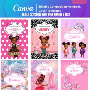 Puede incluir: Una colección de plantillas de portadas de cuadernos de composición rosas con ilustraciones de niñas, mariposas y unicornios. Las portadas son personalizables con Canva y presentan nombres como Brie, Jenny, Barbie, Kimmy, Ashley y Khloe. La imagen incluye el logotipo de Canva.