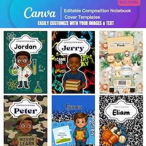 Puede incluir: Se muestran seis plantillas de portadas de cuadernos de composición con varios diseños. Las portadas presentan ilustraciones de niños, animales y equipamiento deportivo. El texto incluye nombres, frases y el logotipo de Canva. Fáciles de personalizar.