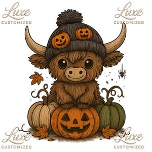 Può includere: Illustrazione di una mucca delle Highlands marrone con un cappello grigio con decorazioni di zucche. La mucca è seduta su una zucca intagliata, circondata da zucche bianche e verdi, foglie autunnali e un ragno. Tema Halloween.