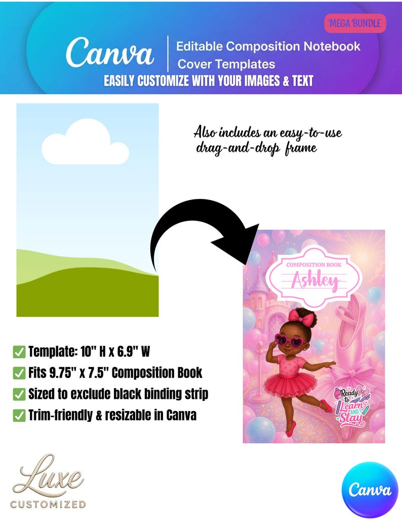 K&ouml;nnte beinhalten: Canva-Vorlage f&uuml;r ein Notizbuchcover mit rosa Ballerina-Design. Die Vorlage ist 25,4 cm hoch und 17,5 cm breit, passend f&uuml;r ein Notizbuch von 24,7 cm x 19 cm. Sie ist zuschneidefreundlich und ver&auml;nderbar.