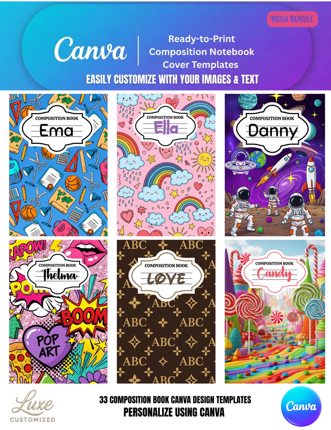 33 Composition Book Cover Canva Templates | Mega Bundle | 9.75 X 7.5 ...