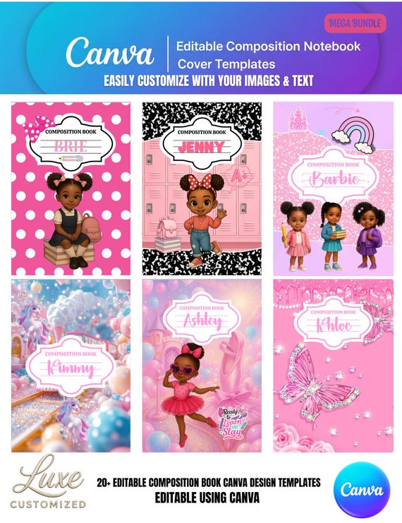 20+ Editable Composition Book Cover Canva Templates | Mega Bundle | 9.75 x 7.5” Notebooks | Back to School Girls Printable Designs