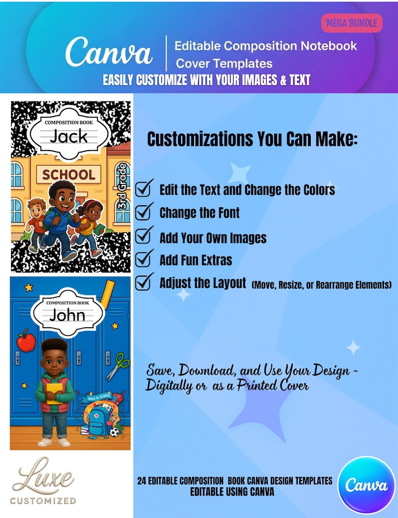 24 Editable Boy Composition Book Cover Canva Templates | Mega Bundle ...