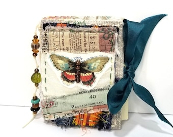 Fabric Covered Mini Notebook Journal - Butterfly Motif Small Pocket Sized Handmade Journal