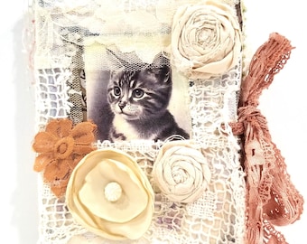 Victorian Cat Junk Journal – Handmade Altered Book with Vintage Lace & Kitten Art