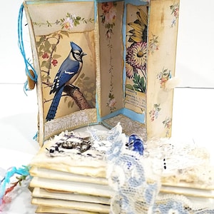 Birds and Flowers Mini Accordion Book with Collaged Trinket Box