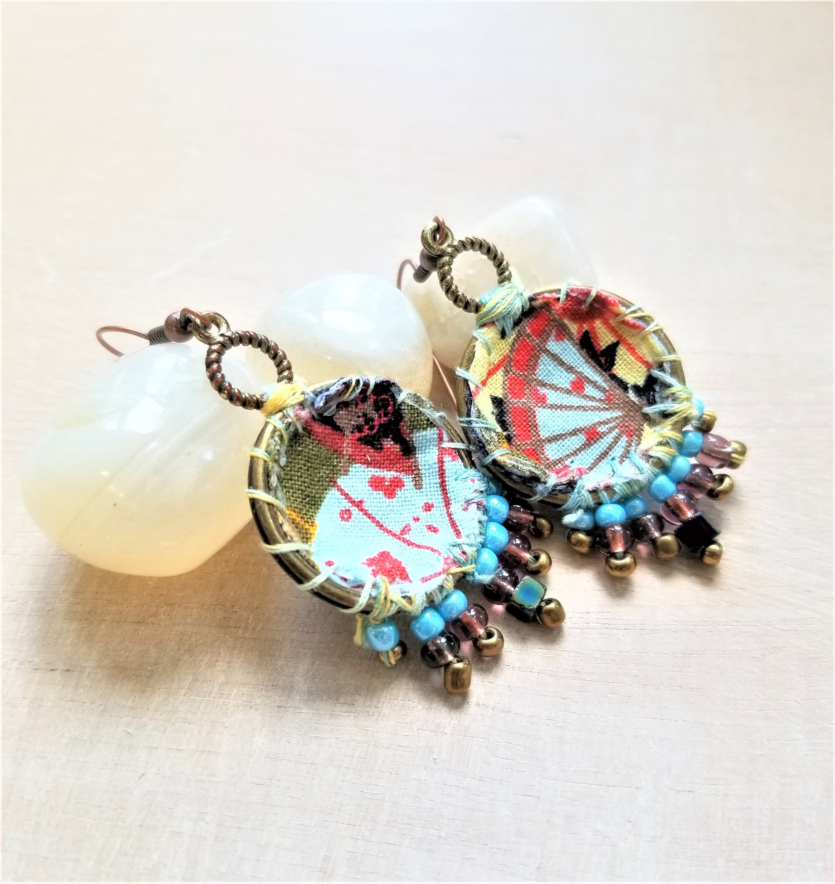 Fabric Dangle Earrings Japanese Print Fabric Round Earrings Etsy Canada