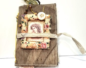 Handmade Writing Journal with Pockets and Tags - French Victorian Themed Junk Journal - Handmade Fabric Covered Notebook