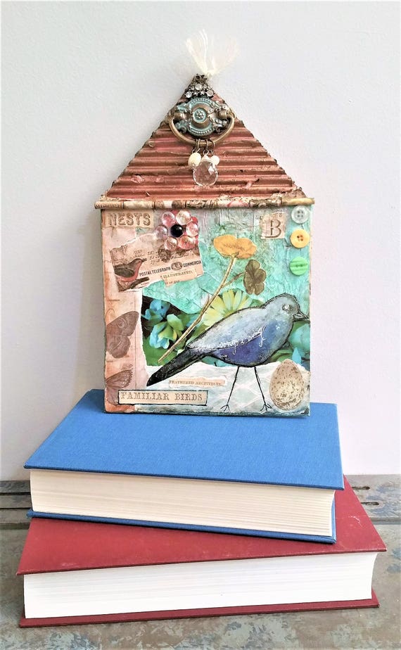 Bird Collage Art Mixed Media Original Green and Blue Wall Etsy
