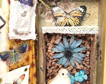 Nature Themed Collage Art Mixed Media Assemblage - Garden Inspired 3D Shadowbox Art - Gift for Home