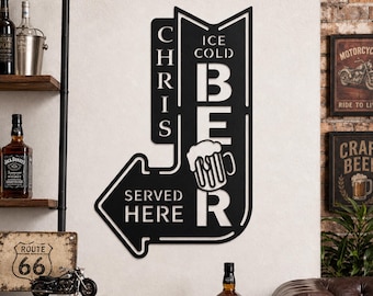 Personalized Ice Cold Beer Served Here Arrow Metal Sign, Custom Name Bar Pub Man Cave Garage Wall Decor Plaque, Man Cave Decor