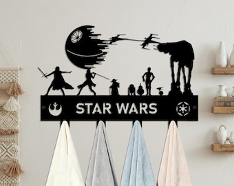 Galaxy Space Movie Themed Metal Hook Rack, Custom Text Sci-Fi Character Wall Hanger, 4 Hooks Bathroom Towel Coat Key Metal Wall Holder Decor