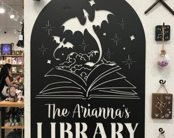 Personalized Dragon Library Wall Decor, Custom Name Book Lover Art, Dragon and Book Design Art, Bookshelf Wall Decor, Magical Metal Sign