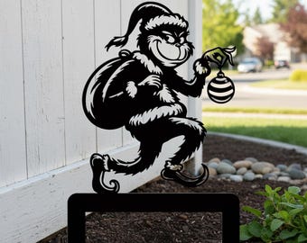 Sneaky Holiday Monster Yard Metal Stake Decor, Santa Outfit Creature With Gift Sack Ornament For Outdoor Christmas Lawn Garden Decoration