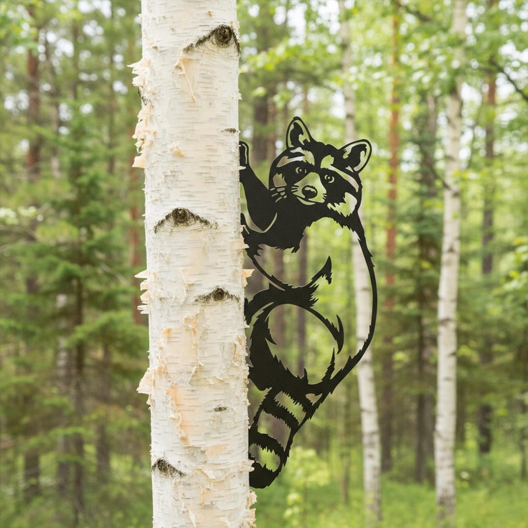 Metal Racoon Panel Whimsical Raccoon Metal Silhouette Decor, Climbing Raccoon Metal Art ...