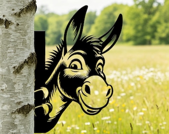 Peeking Donkey Metal Garden Art, Tree & Fence Mount Outdoor Decor, Smiling Donkey Silhouette Metal Sign, Funny Donkey Head Metal Tree Decor