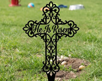 Ornate Scroll He Is Risen Cross Metal Yard Stake, Easter Religious Faith Garden Lawn Stake, Christian Spiritual Memorial Ground Decor