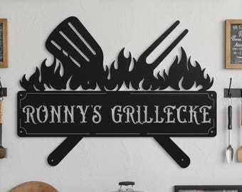 Custom Name Barbecue Wall Sign, Personalized BBQ Lover's Gift, Barbecue Metal Sign, Patio Grill Wall Art, BBQ Wall Decor, Gill Metal Decor