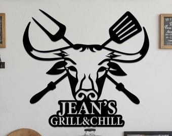 Personalized Bull Head BBQ Grill Metal Wall Sign, Custom Name Grill & Chill Outdoor Patio Backyard Barbecue Kitchen Wall Decor Plaque