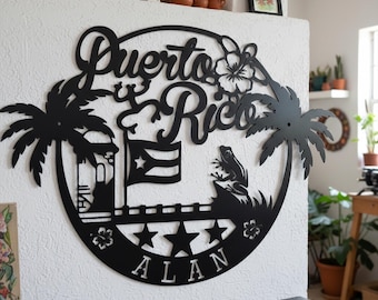 Custom Name Puerto Rico Metal Wall Art, Coquí Frog & Flag Decor, Puerto Rico Sign, Tropical Wall Art, Puerto Rico Lovers Gift