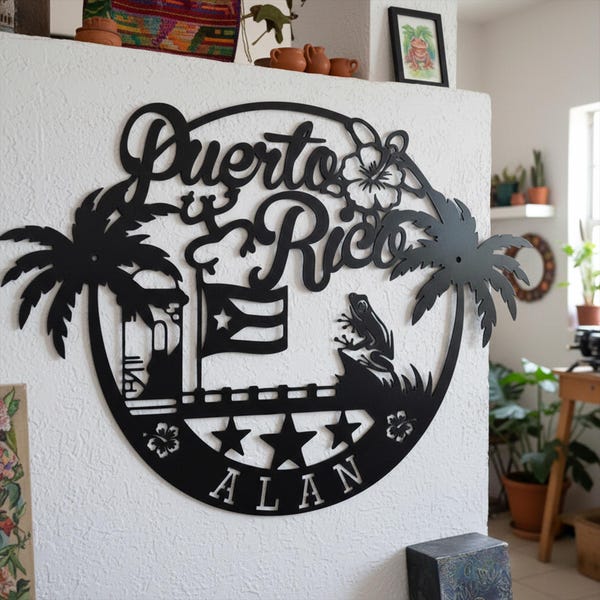 Custom Name Puerto Rico Metal Wall Art, Coquí Frog & Flag Decor, Puerto Rico Sign, Tropical Wall Art, Puerto Rico Lovers Gift
