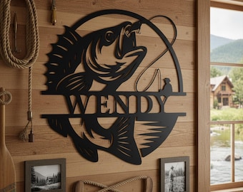 Custom Name Fishing Wall Sign for Cabin, Custom Decor for Man Cave, Lake House Fishing Wall Decor,Outdoor Enthusiast Sign,Fishing Lover Gift