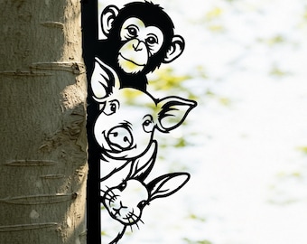 Peeking Monkey Pig Rabbit Tree Corner Metal Topper, Farm Animal Tree Hugger Outdoor Garden Yard Fence Decor Ornament, Funny Metal Tree Decor