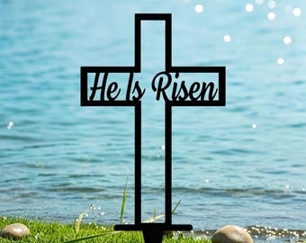 Ornate Scroll He Is Risen Cross Metal Yard Stake, Easter Religious Faith Garden Lawn Stake, Christian Spiritual Memorial Ground Decor