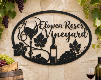 Personalized Vineyard Wine Glass Bottle Oval Metal Wall Sign, Custom Name Winery Grape Leaf Metal Plaque, Tuscan Patio Wine Cellar Decor