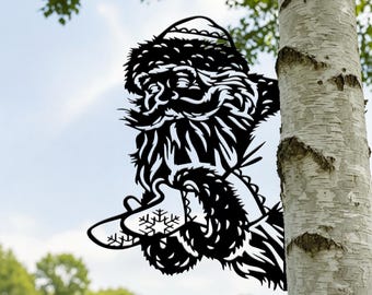 Santa Clinging Metal Garden Art, Tree & Fence Mount Christmas Decor, Santa Metal Yard Sign, Outdoor Winter Fence Silhouette Sign