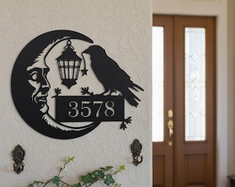 Custom Crow & Moon Address Sign, Personalized House Number Plaque, Gothic Raven Lantern House Number Sign, Metal Address Plaque