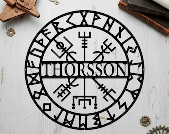 Custom Thorsson Viking Compass Metal Sign, Personalized Norse Rune Wall Art, Custom Name Viking Rune Compass Sign, Wall Art Home Decor