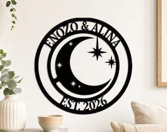 Personalized Couple Name Crescent Moon Star Metal Wall Sign, Custom Established Year Celestial Round Wedding Anniversary Home Decor Plaque