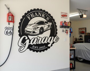 Custom Name Garage Sign, Metal Garage Decor for Car Enthusiasts, Custom Name & Sports Car Metal Art, Garage Metal Sign, Man Cave Decor