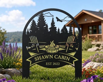 Personalized Cabin Campfire Forest Metal Yard Stake, Custom Name Year Lake House Outdoor Sign, Pine Tree Eagle Nature Backyard Lawn Plaque