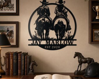 Custom Cowboy Couple Horseback Metal Sign, Western Family Wall Decor, Riding Cowboy Pair Metal Wall Art, Ranch Established Sign,Gift for Her