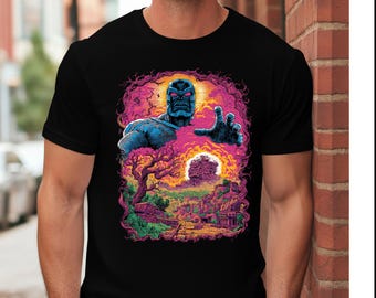 May include: Black t-shirt with a colourful graphic. The design features a blue-skinned character with an outstretched hand, set against a vibrant landscape with a sunset and ruins, framed by a pink and purple border.