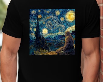 May include: Black t-shirt featuring a vibrant, artistic depiction of a Sasquatch figure gazing at a starry night sky, reminiscent of Van Gogh's style. The artwork showcases swirling blues, yellows, and greens, creating a unique and eye-catching design.