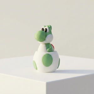 May include: A green and white Yoshi figurine from the Super Mario video game series. The figurine is emerging from a white egg with green spots. The figure has a green snout, white cheeks, and a red shell.
