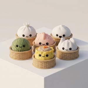 Puede incluir: Seis personajes de dibujos animados de dim sum, cada uno con una cara sonriente. Las empanadillas son blancas, rosas, verdes y amarillas, y están en cestas tejidas. El fondo es una superficie blanca y limpia.