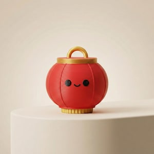 May include: A red, round lantern with a gold handle and trim. The lantern has a smiling face with black eyes and a curved mouth. The lantern is sitting on a white surface.