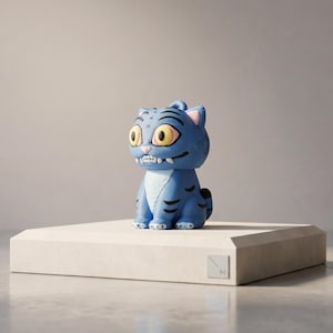 May include: A blue cat figurine with yellow eyes and a white chest sits on a white rectangular platform. The cat has black stripes and a small tail. The background is a light grey.