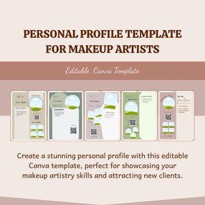 Puede incluir: Plantilla de perfil personal para maquilladores. El diseño presenta una serie de páginas de perfil simuladas con espacio para fotos, logros e información de contacto. El texto dice "PERSONAL PROFILE TEMPLATE FOR MAKEUP ARTISTS" y "Editable Canva Template".