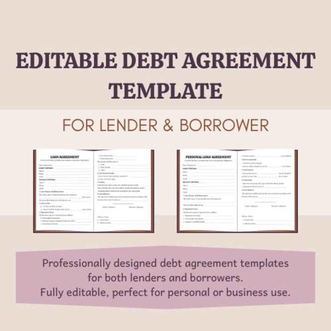 Editable Debt Agreement Templates | Loan Contract for Lender & Borrower ...