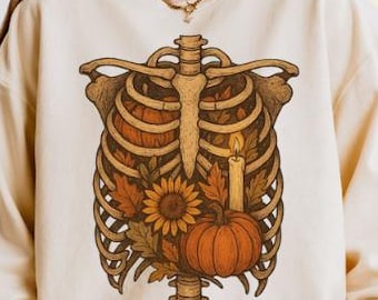 Floraler Brustkorb Kürbis PNG, Retro Skelett Halloween PNG, Gruselige Saison Clipart, Herbst Skelett PNG, Floraler Kürbis Halloween Design
