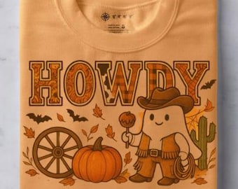 Hola fantasma PNG, vaquera occidental de Halloween PNG, sublimación retro de otoño espeluznante, diseño rústico de calabaza, imágenes prediseñadas de Halloween del oeste country
