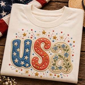 USA-Schriftzug im Bubble-Stil (PNG), patriotisches Design mit Blumen und Perlen, goldenes Feuerwerkskonfetti zum 4. Juli, Retro-USA-Sublimation, digitaler Download