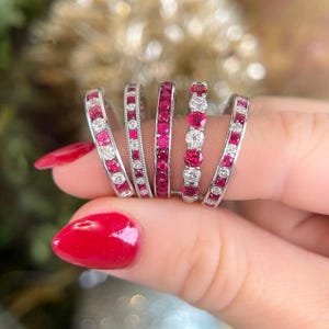 Round Cut Pink Ruby Gemstone And White Diamond Full Eternity Band, White Gold Bridal Matching Band, Channel Set Band, July Birthstone