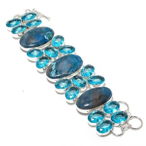 Natural Neon Apatite, Faceted Blue Topaz Bracelet, Oval Gemstones, 925 Sterling Silver Toggle Bracelet, Gift For Mom